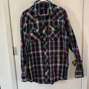 Wrangler black blue red green plaid long sleeve western shirt Size Large Tall